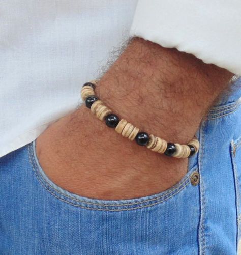 Jewelry For Guys, Diamond Cross Necklace Gold, Wood And Black, Surfer Bracelets, Wood Bead Bracelet, Surfer Style, Men's Bracelets, Wood Bracelet, Men Bracelet