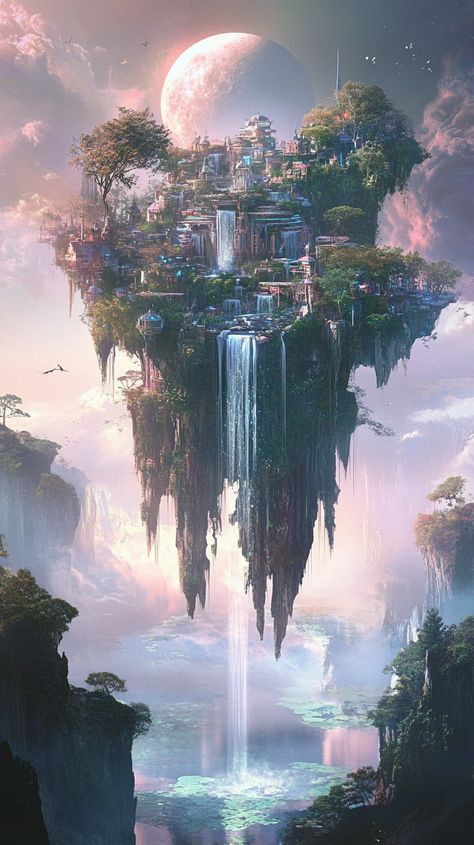 A surreal realm with floating islands and upside-down waterfalls, bathed in the soft glow of two moons, while dreamlike creatures dance through the mist. Floating Islands Fantasy Art, Island Concept Art, Two Moons, Floating Islands, Floating Island, Floating City, Sleeve Ideas, The Mist, Upside Down