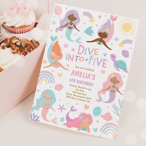 Dive Into Five Birthday, Oneder The Sea, Mermaid Theme Birthday Party, 5th Birthday Party Ideas, Magical Birthday, 1st Birthday Party Invitations, Mermaid Birthday Invitations, Mermaid Under The Sea, Sea Birthday Party