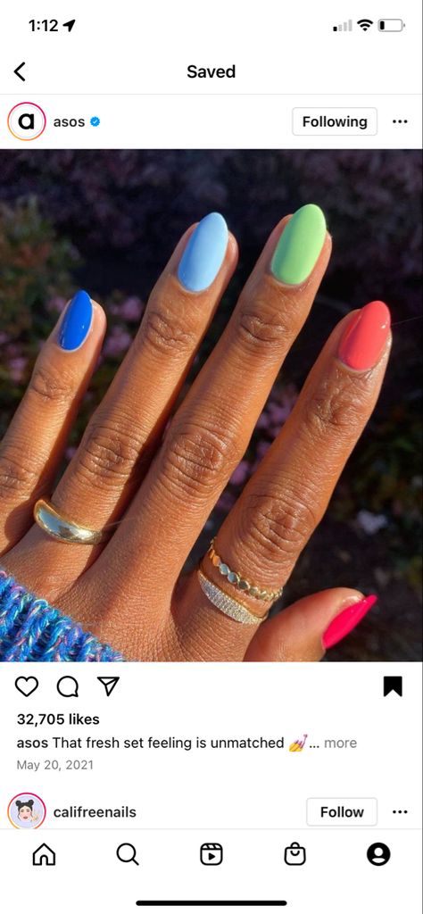 Oval Nails Bright Colors, Oval Neon Nails, Simple Neon Nails Almond, Diy Summer Nails, Multicoloured Nails, Different Color Nails, Multicolored Nails, Fun Nail Colors, Nail Color Combos