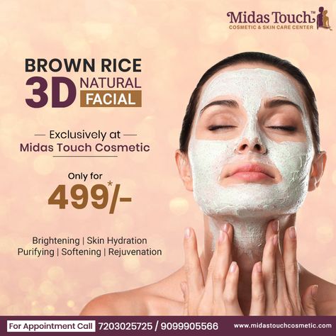 Exclusively at Midas Touch Cosmetic Brown Rice 3D Natural Facial Only at Rs. 499*/-  It’s helpful for skin brightening, skin hydration, Purifying, softening and rejuvenation.   #BrownRiceFacial #BrownRice3DFacial #SkinCare #MidasTouchCosmetic Skincare Creative Ads, Viking Hairstyles Male, Shaved Head With Beard, Jennifer Lopez Hair, Skin Care Center, Makeup Brushes Guide, Insta Highlights, Midas Touch, Viking Hair