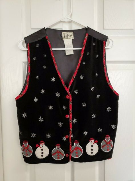 Tantrums Ladies Black Velvet Holiday Vest W/Snowmen & Snowflakes And Red Plaid Buttons And Trim,  Size M.  Preowned in good condition.  SUPER CUTE!  Thanks for looking!  This item will be shipped Priority Mail. Black Gothic Vest For Winter, Vintage Winter Vest With Buttons, Vintage Christmas Vest Outfit, Vintage Winter Sweater Vest, Holiday Vest, Christmas Vest, Velvet Vest, Red Plaid, Black Velvet