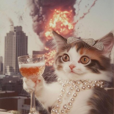 Chaotic Cat Aesthetic, Cat With Lipstick Kiss, Birthday Pfp, Fire Pfp, Funny Vintage Photos, Cat Meme, Cat Aesthetic, Funny Cute Cats, Silly Cats