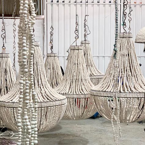 Beautiful hand rolled clay beaded chandeliers from Hellooow Handmade Beachy Chandelier, Clay Chandelier, Creative Installation, Beaded Chandeliers, Key West Style Homes, Boho House Decor, Special Design Chandelier, Key West Style, Spanish Decor