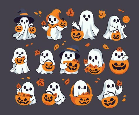 Cute Ghost Holding Pumpkin Basket Autumn Vector Illustration Set Tattoo Flash Simple, Halloween Art Reference, Cute Ghost Holding Pumpkin, Halloween Illustration Cute, Halloween Pumpkin Tattoo, Halloween Illustration Art, Cute Halloween Illustration, Cute Ghost Illustration, Animals In Halloween Costumes