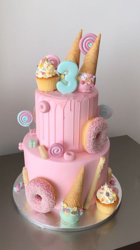 Pastel Candyland Birthday Cake, Candy 3rd Birthday Party, It’s Sweet To Be Three, Cute Two Tier Cakes, Candyland 3rd Birthday Party, Lolly Themed Party, 2 Sweet Birthday Cake Ideas, Candyland Birthday Party Activities, 2sweet Birthday Party