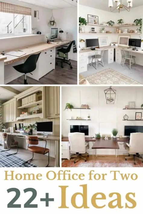 Home Office Ideas With Two Desks, 2 Desk Office Layout Ideas, Tiny Office For Two, His And Hers Home Office Ideas, 2 Offices In One Room, Small Office 2 Desk Ideas, Shared Office Space Ideas Home 2 Desks, Home Office Ideas Two Desks, Home Office Ideas For 2 People