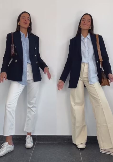 Outfit Blazer Azul Marino, Outfit Trabajo, Thrift Manifest, White Denim Outfit, Nyc Fall Outfits, University Outfits, Nyc Fall, Blazer Bleu, University Outfit