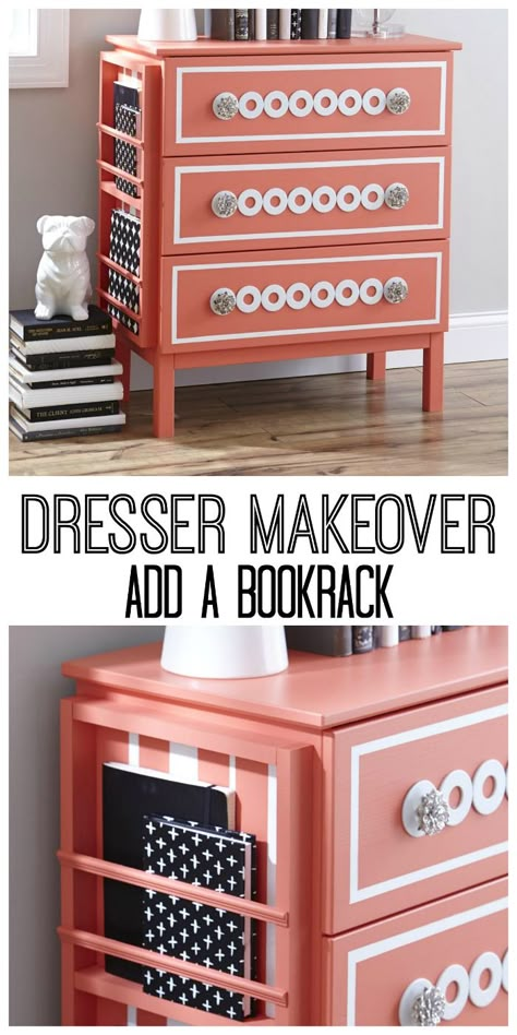 Makeover a dresser with this simple, easy project!  Add a bookrack to the side of a dresser.  thistlewoodfarms.com Mini Dresser Makeover, Square Dresser Makeover, Unique Dresser Makeover, Bookcase Dresser, Bedside Dresser, Book Rack, Book Holder, Diy Dresser, Dresser Makeover