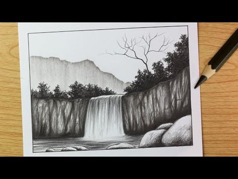 ⚡ Charcoal pencil sketch || Pencil shading video || Waterfall scenery sketch with pencil - YouTube Scenery Sketch, Sketch With Pencil, Faber Castell Pencil, Cool Erasers, Waterfall Scenery, Charcoal Pencil, Pencil Shading, Sketch Pencil, Used Tools