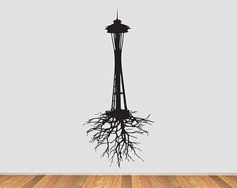 Washington Rain Seattle Vinyl Decal by MrPetersononemillion Washington Tattoo Ideas, Space Needle Tattoo, Seattle Skyline Drawing, Seattle Skyline Tattoo, Seattle Tattoos, Washington Tattoo, Diy Tattoo Ideas, Desert Tattoo, Pnw Tattoo