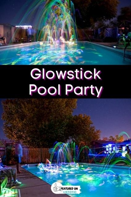 Pool Decorating Ideas For Party Night, Glow Sticks Pool Party, Glow Pool Party Summer Nights, Neon Pool Party Decorations, Glow In The Dark Swimming Pool, Black Light Pool Party, Party Ideas Glow In The Dark, Night Time Pool Party Ideas, Neon Pool Party Ideas Summer