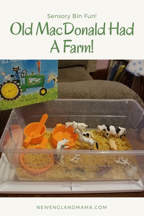 Old Macdonald Had a Farm Sensory Bin! – New England Mama Nursery Rhymes Sensory Bin, Old Mac Donald Had A Farm Activities, Nursery Rhyme Sensory Bin, Old Mcdonald Had A Farm Activities, Old Macdonald Had A Farm Activities, Twos Activities, Mess Free Toddler Activities, Farm Theme Crafts, Sensory Stories