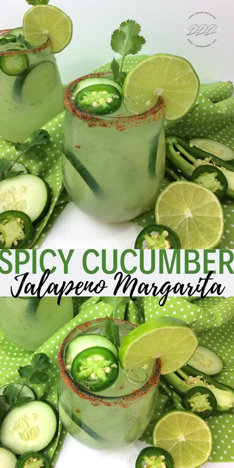 This Spicy Cucumber Jalapeno Margarita Recipe is a refreshing sipper with sweet citrus flavor and nuanced heat from the jalapeños.  #DineDreamDiscover #JustPlumCrazy #EasyEverydayRecipes #LifeInTheRV #LifeThroughTheLense #FoodBlogger #Recipe Cucumber Jalepeno Marg, Cucumber Jalepeno Margaritas, Jalapeño Cucumber Tequila Drinks, Cucumber Jalapeno Margarita, Jalapeno Margarita Recipe, Cucumber Margarita, Spicy Cucumber, Spicy Drinks, Margarita Ingredients