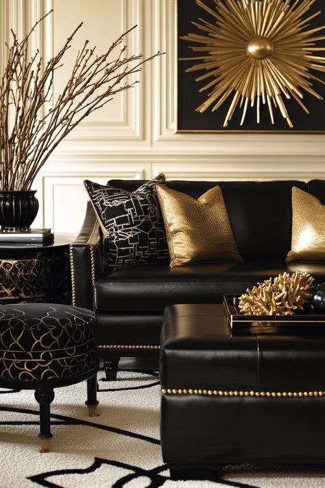 Category: Living Room - DreamyHomeStyle Black And Gold Pillows Couch, Black Gold Wood Living Room, Cream Black And Gold Living Room Ideas, Studio Condo Interior Design, Black Gold And White Living Room, Million Dollar Homes Interior, Cream Black And Gold Living Room, Gold Pillows Couch, Gold Living Rooms