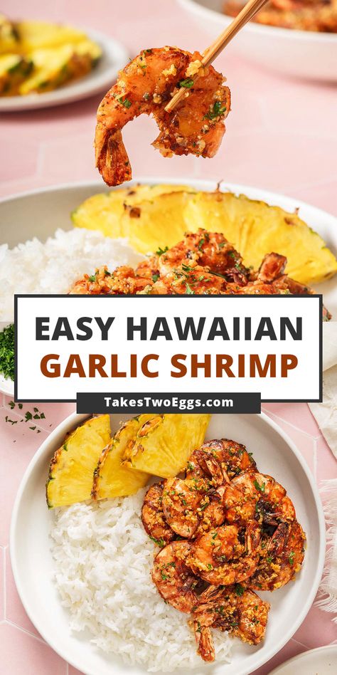 Hawaiian shrimp trucks are famous for their buttery Hawaiian garlic shrimp. These large succulent garlic shrimp are cooked in a loaded garlic butter-infused sauce. Hawaiian Spicy Garlic Shrimp, Garlic Shrimp Hawaiian Style, Hawaiian Shrimp Recipes, Garlic Shrimp Appetizer, Hawaiian Shrimp, Hawaiian Garlic Shrimp, Teacher Lunch, Shrimp Skewer Recipes, Spicy Garlic Shrimp