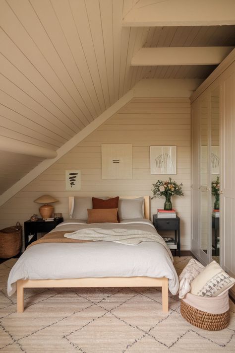 20 Smart Small Attic Room Ideas Nobody Talks About Attic Bedroom Bunk Beds, Attic Without Windows, Loft Conversion Bedroom Master Suite Attic Bathroom, Gable Roof Bedroom, Attic Into Bedroom, Slanted Bedroom, Low Attic Bedroom Ideas, Small Attic Ideas Low Ceilings, Tiny Attic Bedroom