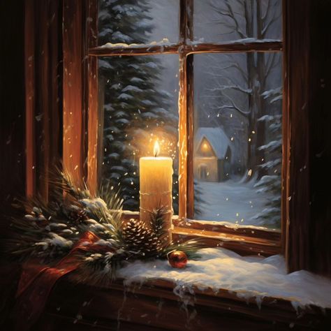 Beautiful Winter Scenes Christmas, Thrifted Paintings, Candle In Window, Christmas Snow Scenes, Candle Clipart, Winter Christmas Scenes, Christmas Windows, Candles Christmas, Window Candles