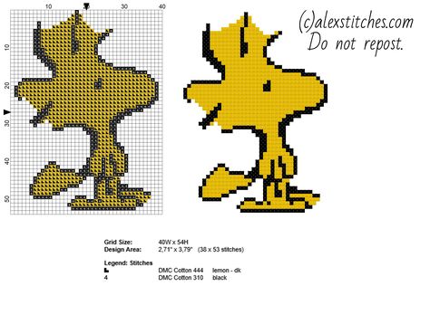 Woodstock Peanuts character free cross stitch pattern - free cross stitch patterns by Alex Woodstock Cross Stitch, Charlie Brown Cross Stitch, Free Cross Stitch Designs, Free Cross Stitch Pattern, Woodstock Snoopy, Cross Stitch Pattern Maker, Free Cross Stitch Patterns, Woodstock Peanuts, Cross Stitch Fairy