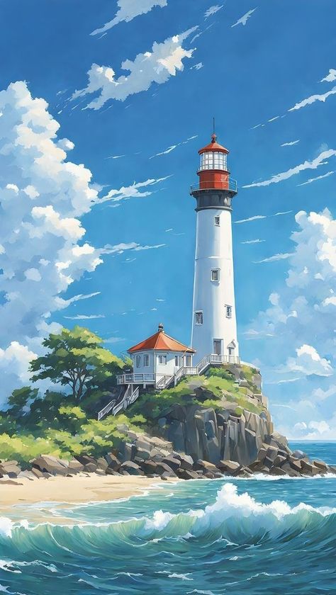 자작나무 그림, Lighthouse Painting, Lighthouse Pictures, Lighthouse Art, Landscape Art Painting, Art Gallery Wallpaper, Light Houses, Watch Tower, Beautiful Landscape Wallpaper