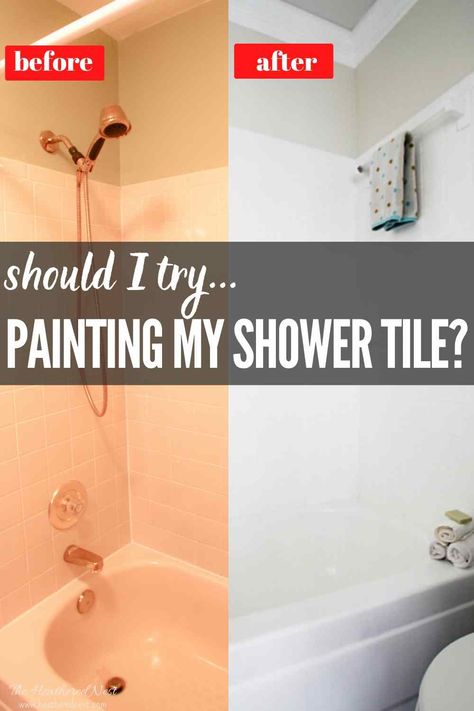 Bathroom Tile Paint (Bathroom Remodel Ideas on a Budget!) Outdated Bathroom, Painting A Bathroom, Can You Paint Bathroom Wall Tile, Painting Tiles In A Bathroom, Repaint Bathroom Tile, Painting Tile Around Bathtub, Painting Tile Shower Wall, Painted Tile Bathroom, Painting Old Bathroom Tile