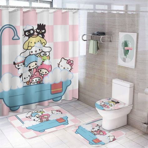 Shower Curtain Cute, Kawaii Bathroom Decor, Hello Kitty Shower Curtain, Hello Kitty Bathroom Decor, Sanrio Bathroom, Cute Shower Curtain, Hello Kitty Bathroom, Violet Room, Cartoon Bathroom