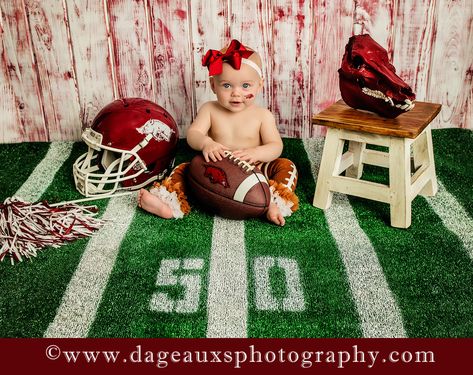 Football Infant Photoshoot, 1st Year Down Football Photoshoot, Football Mini Session Photography, Football 6 Month Pictures, Football Baby Photoshoot, Football Photoshoot, Razorback Football, Six Month Baby, Sitter Photography