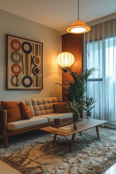 Small 70s Living Room, Mcm Studio Apartment, 60s Modern Home Decor, Modern Artsy Living Room, 60s Lounge, Bauhaus Living Room, 70s Inspired Living Room, Old Home Decor, 70s Living Room