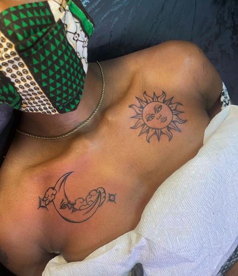 Gender Neutral Matching Tattoos, Soulaan Tattoo, Sun And Moon Tattoo Black Woman, Moon And Sun Chest Tattoo, Egyptian Sun And Moon Tattoo, Tattoo Idea Black Women, Sun Moon Chest Tattoo, Sun Stomach Tattoo, Spiritual Tattoos On Black Women