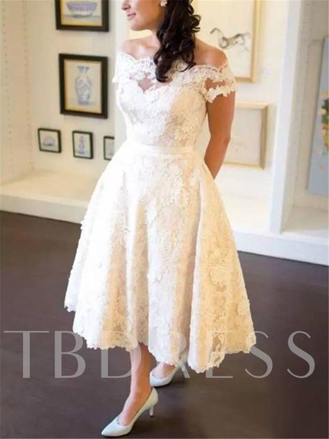 Appliques Tea-Length Beach Wedding Dress 2019 Vintage Tea Length Wedding Dress, Tea Length Wedding Dresses Lace, Short Sleeve Bridal Gown, Tea Length Wedding Dress Vintage, Short Bridal Gown, Short Lace Wedding Dress, Tea Length Wedding, Bridal Dresses Lace, Country Wedding Dresses