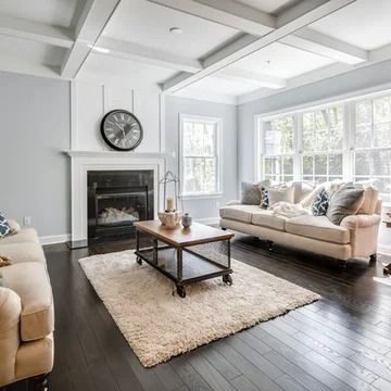 75 Mid-Sized Farmhouse Dark Wood Floor Living Room Ideas You'll Love - October, 2024 | Houzz Cherry Floors Living Room, Dark Floor Interior Living Room, Dark Brown Floor Living Room, Wood Floor Living Room Ideas, Farmhouse Dark Wood, Dark Wooden Floor Living Room, Dark Wood Floor Living Room, Floor Living Room Ideas, Wood Floor Living Room