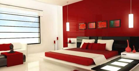 Red may be the color of passion but it doesn't work for me in a bedroom.  Executed well, though. Red Bedroom Colors, Red And White Bedroom, Red And White Decor, Red Bedroom Design, Red Bedroom Decor, Elegant Bedroom Design, White Bedroom Design, Modern Style Bedroom, White Interior Design