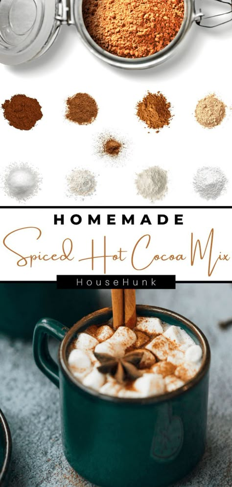 Spiced Hot Cocoa Mix Recipe, Hot Cocoa Dry Mix Recipe, Spicy Hot Cocoa Recipe, Homemade Cocoa Mix Recipe Jar Gifts, Drink Mix Gift Ideas, Spiced Hot Cocoa Recipe, Hot Drink Mixes Christmas Gifts, Hot Chocolate Recipes For Gifts, Diy Drink Mixes Powder