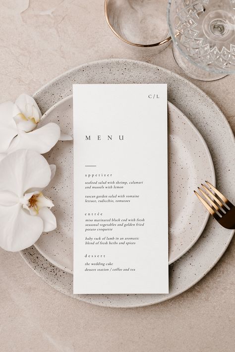 Looking to take your wedding décor to the next level? Our customizable wedding menu card design helps set the tone! Featuring an elegant font and an initial monogram at the top right, you can also use the space to replace with your wedding logo! Wedding Menu Ideas With Names, Wedding Menu Minimalist, Wedding Menu Signage, Wedding Menu Ideas Food Dinners, Modern Wedding Menu Design, Wedding Table Menu Cards, Wedding Food Menu Card, Food Card Design, Menu Wedding Ideas