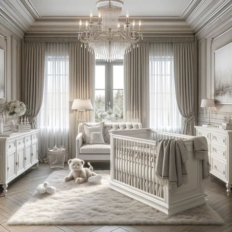 Crib In The Middle Of The Nursery, French Provincial Nursery, Winter Wonderland Nursery, Elegant Baby Nursery, White Baby Nursery, Twin Nursery Room, Ornate Chandelier, Timeless Nursery, Luxury Baby Nursery