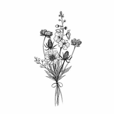 Wildflower Tattoos, Henne Tattoo, Flower Bouquet Tattoo, Bouquet Tattoo, Wildflower Tattoo, A T, Illustration Tattoo, Small Flower Tattoos, Cat Tattoos