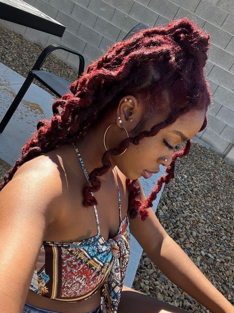 Burgundy Red Locs Black Women, Deep Red Locs Black Women, Black Cherry Locs, Maroon Dreadlocks Black Women, Red Ombré Locs, Burgundy Hair Locs, Copper Red Locs Black Women, Dark Red Faux Locs, Summer Loc Colors