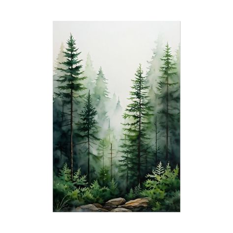 Embrace the peaceful ambiance of the wilderness with our "Watercolor Foggy Pine Forest" print. This captivating artwork portrays a serene, misty pine forest, where tall trees fade into the soft fog, creating a calming and mysterious atmosphere. Perfect for bringing a touch of nature's beauty into your home, this watercolor painting is ideal for any space that could use a sense of tranquility. 🌲 Why You'll Love This Art Print: Premium Quality Paper: Printed on high-quality matte paper, the non-r Acrylic Painting Pine Trees, Pine Forest Painting, Trees Wall Art, Woodland Wall Art, Watercolor Nature, Poster Watercolor, Forest Print, Camper Living, Nature Inspired Decor