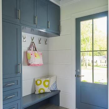 Floor To Ceiling Mudroom Cabinets Design Ideas Shiplap Mudroom, Blue Mudroom, Mudroom Shelves, Blue Shiplap, Wallpaper On Ceiling, Mudroom Cabinetry, Blue Interior Doors, Transitional Laundry Room, Mudroom Cabinets