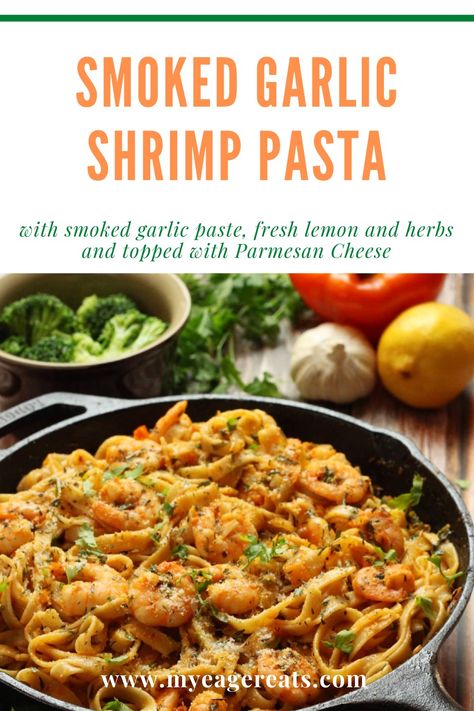 Linguini pasta, smoked garlic shrimp, lemon and herbs, bell peppers, onions, tarragon,  parsley, oregano, one pan meal, skillet cooking. Smoked Garlic Recipes, Shrimp Linguini, Garlic Prawn Pasta, Linguini Pasta, Prawn Pasta, Garlic Shrimp Pasta, Cheese Pasta Recipes, Garlic Prawns, Shrimp Dinner