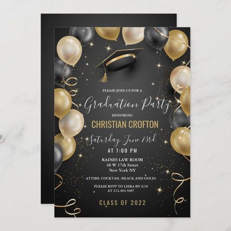 $2.90 | Black and Gold Balloons Confetti High School College University Law Degree Graduation Party Invitation #graduationpartyinvitation #graduationinvitation #collegegraduationinvitation #highschoolgraduationinvitation #elegantgraduationinvitation #lawdegreegraduationinvitation #graduationinvitations #love #photography #graduation2023 #graduationday #laurea #graduate #classof2023 #happy | Graduation invitation ideas | Graduation invitation cards | Graduation invites | Graduation party ideas Masters Degree Graduation Party Decorations, Graduation Party Ideas Gold And Black, Black And Gold Graduation Party Ideas, Year 6 Graduation, Balloon Graduation, Graduation Invitation Cards, Graduation Invitations High School, Senior Party, College Grad Party