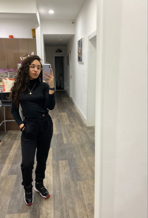 Basic all black outfit with bred 11s on foot♨️ Retro 11 Jordans Outfit Black Women, Black Jordans Outfit Women, Jordan 11 Breds Outfit Women, Outfit Ideas With Jordan 11s, Black Jordan 11 Outfit Women, Jordan 11 Bred Outfit Women, Jordan 13 Outfit Women, Retro 11 Jordans Outfit, Retro 11 Jordans Outfit Women