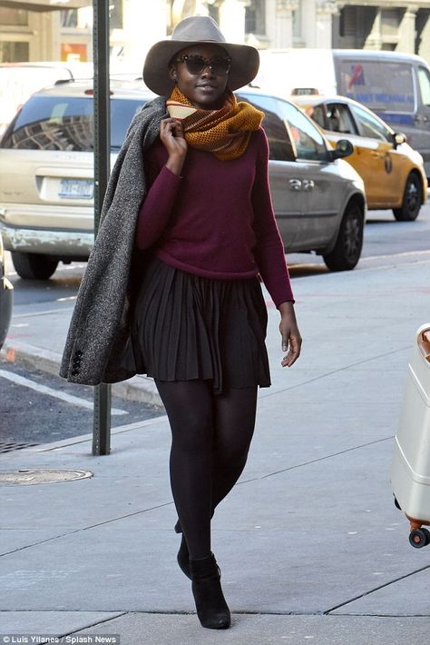 Lupita Nyong'o Style, Black Miniskirt, Mustard Scarf, Pleated Miniskirt, Public Theater, High Waisted Dress Pants, Toned Legs, Lupita Nyong'o, Black Actresses