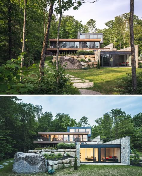 Wood And Stone Cover The Exterior Of This Multi-Level Modern House In The Forest Hillside House, Forest House, Architecture Exterior, Brutalism, Residential Architecture, Modern House Exterior, House Designs Exterior, Contemporary Architecture, House In The Woods