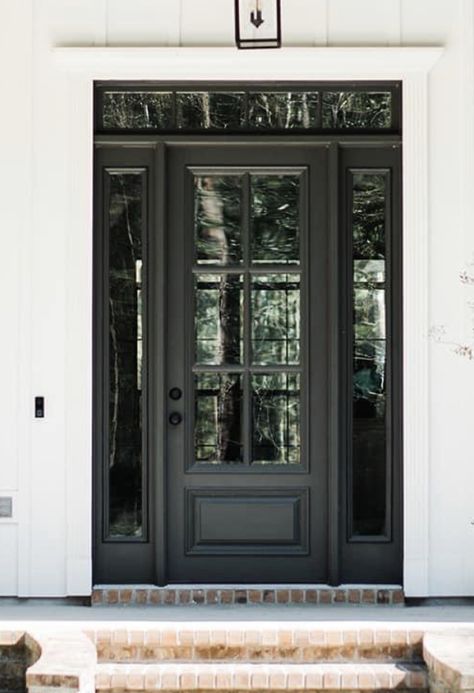 Front Door With Glass Panels, Modern Black Front Door, Front Door Glass Panel, Door With Glass Panels, Aesthetic Entryway, Front Door With Glass, Black Entry Doors, Black Forest House, House Entrance Doors