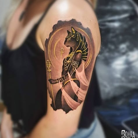 Bastet tattoo by bohratattoo #bohratattoo #bastet #Egyptiantattoos #egyptian #egypt #ancient #esoteric #history #cat #ankh #goddess | Feb 23rd 2021 | 1530525 Neith Goddess Tattoo, Egyptian Cat Goddess Tattoo, Bast Goddess Tattoo, Bastet Tattoo Egyptian Goddess, Spiritual Rose Tattoo, Baset Egyptian Goddess Tattoo, Egyptian Tattoos For Women, Bastet Goddess Drawing, Anubis And Bastet Tattoo