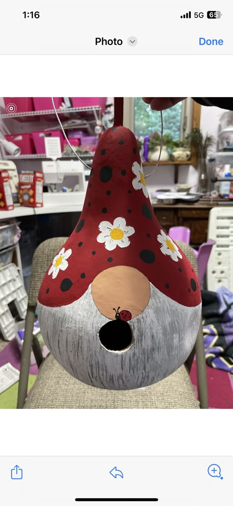 Diy Painting Gords, Gourds Crafts Projects Painting Patterns, Painted Apple Gourds Ideas, Gnome Gourd Painting, Gnome Gourds Painted, Gord Bird House Ideas, Gourd Birdhouse Ideas Painting Patterns, Gourd Bird Houses Painted, Painting Gourds Ideas Diy