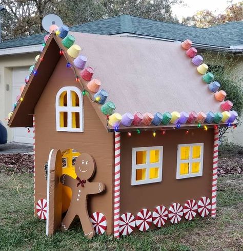 Turn Home Into Gingerbread House, Gingerbread House Kids Playhouse, Ginger Bread House Parade Float, Diy Cardboard Gingerbread House For Kids, Big Gingerbread House Template, Diy Ginger Bread Houses Cardboard, Card Board Gingerbread House Ideas, Life Size Cardboard Gingerbread House, Cardboard Gingerbread House Lifesize