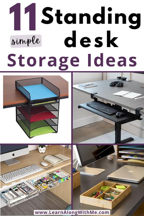 Organize Standing Desk, Office With Stand Up Desk, Stand Up Desk Organization, Standing Desk Inspiration, Work From Home Standing Desk Setup, Office Desk Storage Ideas, Tiny Desk Organization, Stand Up Desk Home Office Layout, Office With Standing Desk Ideas