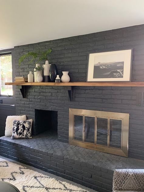 Charcoal Gray Fireplace Brick, Cracked Pepper Fireplace, Man Cave With Fireplace, Charcoal Fireplace Brick, Painted Fireplace Brick Before And After, Mcm Fireplace Makeover, Long Fireplace Wall, Full Wall Fireplace, Ranch Fireplace